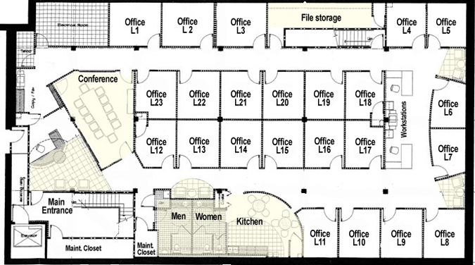 A floor plan for the lower level of 17th & Central Office Suites.