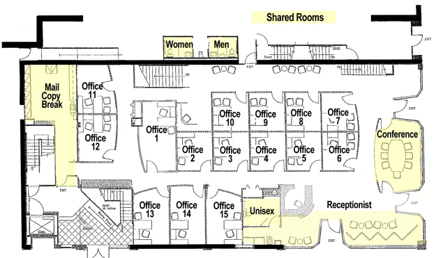 A floor plan for the main level of 17th & Central Office Suites.