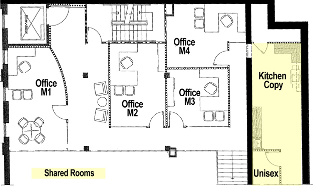 A floor plan for the mezzanine level of 17th & Central Office Suites.